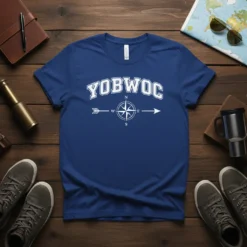 YOBWOC text with a compass graphic and arrows on a navy blue t-shirt