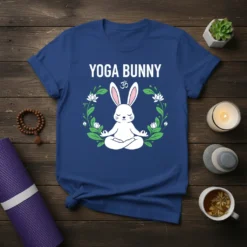 Yoga Bunny t-shirt design featuring a white bunny meditating within a floral wreath and the text "YOGA BUNNY" above