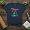 Yoga LIFE t-shirt design with a silhouette of a person meditating on a mountain peak at sunrise