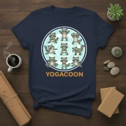 YOGACOON t-shirt design with nine cute raccoons performing various yoga poses in a circle, with the text YOGACOON below