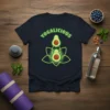 YOGALICIOUS t-shirt design with two cute avocados meditating in a yoga lotus pose, surrounded by a green lotus outline