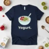 Navy blue t-shirt with the word "Yogurt." and a graphic of a bowl of yogurt with raspberries and kiwi slices