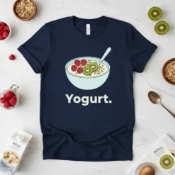Navy blue t-shirt with the word "Yogurt." and a graphic of a bowl of yogurt with raspberries and kiwi slices