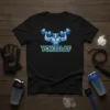 Yoked AF t-shirt featuring a muscular bull holding dumbbells, bold yellow text on black shirt