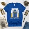 Blue t-shirt with white and gold illustration of York Minster cathedral facade and text "YORK MINSTER"
