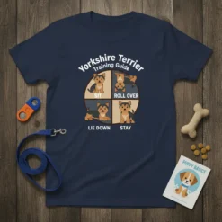 Yorkshire Terrier Training Guide T-Shirt showing sit, roll over, lie down, and stay commands with cute Yorkie illustrations
