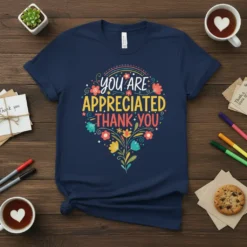 Navy t-shirt with colorful floral design and the text "you ARE APPRECIATED THANK YOU" in bold lettering