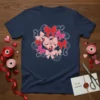 Navy t-shirt with a cluster of pink and red bows. You ARE Cherished