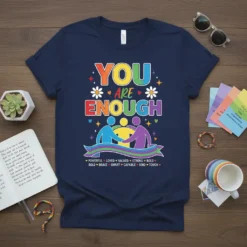 You Are Enough inspirational quote t-shirt with colorful text and diverse figures holding hands