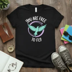 Black t-shirt with "YOU ARE FREE TO FLY" text and a mint green bird in flight inside a purple circle
