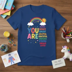 You Are Kind Brave Smart T-Shirt with colorful typography, rainbow, and sun graphic. Inspirational message for women