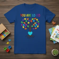 "You Are Loved" text above a tree with colorful puzzle pieces as leaves and a blue heart at its base