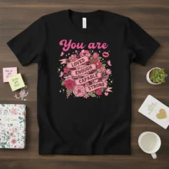 Black t-shirt with pink floral design and banner reading "You are Loved Enough Capable Strong" in white text