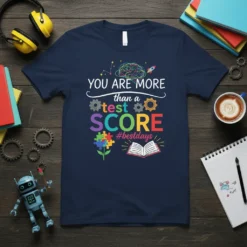 T-shirt with "YOU ARE MORE than a test SCORE #bestdays" text, puzzle flower, open book, and brain graphic in bright