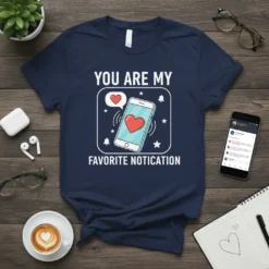 T-shirt with text "YOU ARE MY FAVORITE NOTICATION" and a smartphone graphic with a red heart