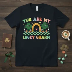 You Are My Lucky Charm t-shirt with cartoon shamrocks, a horseshoe, and colorful retro text for St. Patrick's Day