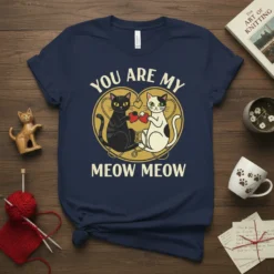 Navy t-shirt with "You Are My Meow Meow" text and two cats holding hearts, part of a cat lover design