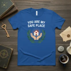 YOU ARE MY SAFE PLACE quote on a blue t-shirt with hands holding a house graphic and laurel wreath