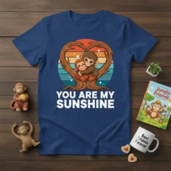 Two cartoon monkeys hugging inside a heart-shaped tree on a navy blue t-shirt with "YOU ARE MY SUNSHINE" text