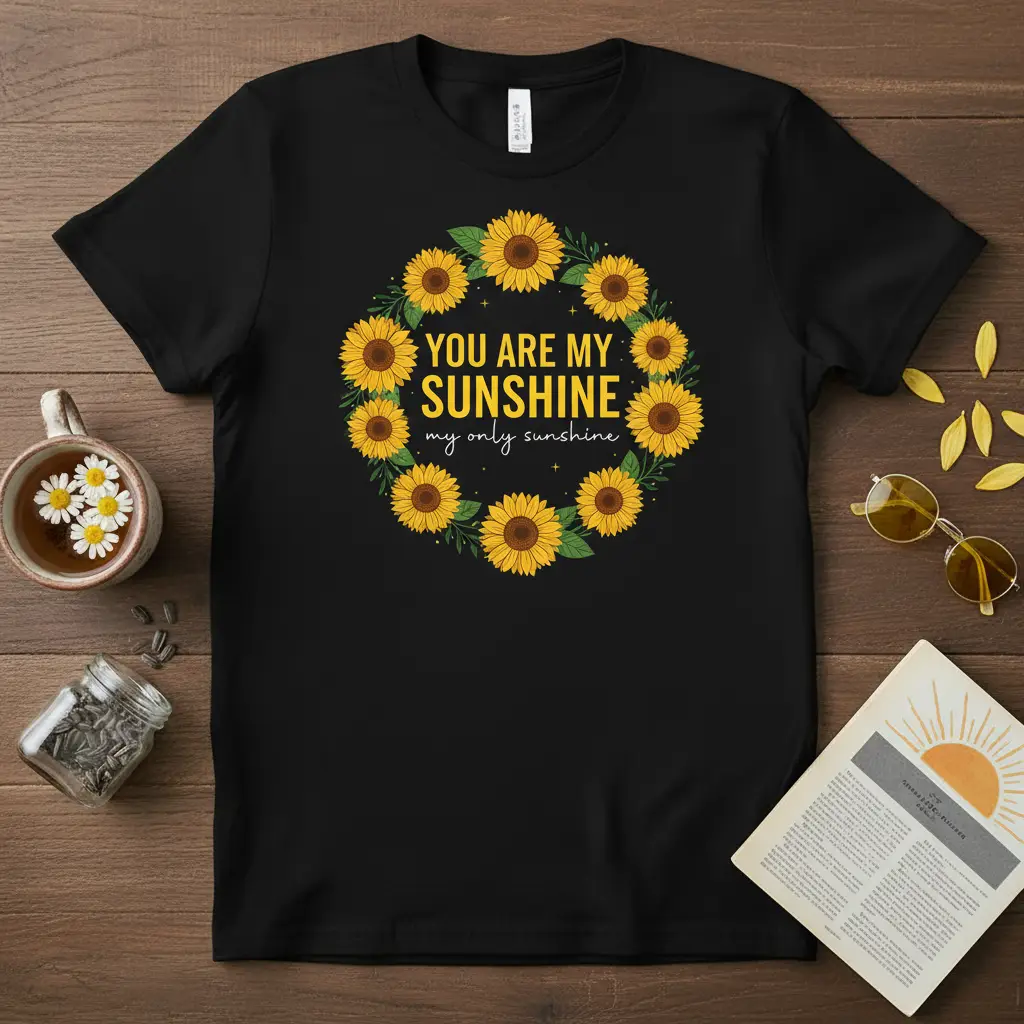 YOU ARE MY SUNSHINE my only sunshine quote on black t-shirt with sunflower wreath design