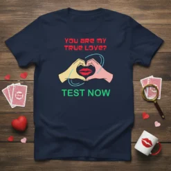 Navy blue t-shirt with red text "YOU are my TRUE Love?" and green text "TEST NOW" framing a heart shape