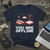 You Are Offline text in pixelated font with a retro car and cell tower graphic on a navy t-shirt