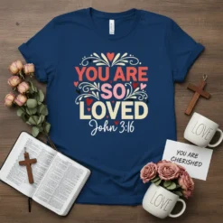 Christian t-shirt with "YOU ARE SO LOVED John 3:16" in red, pink, and cream text, adorned with hearts and decorative