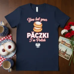 Navy t-shirt with "You bet your Pączki I'm Polish" text and an illustration of two pączki, plus a Polish eagle