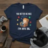 Navy t-shirt with "YOU BETTER BE NICE I'M AFK IRL" text, featuring a sleeping gamer in a chair, stars, and
