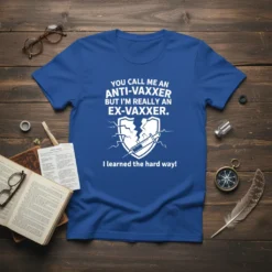 Blue t-shirt with white text reading "YOU CALL ME AN ANTI-VAXXER BUT I'M REALLY AN EX-VAXXER. I learned the hard