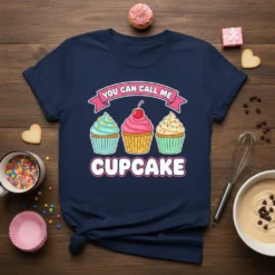 You Can Call Me Cupcake t-shirt featuring three colorful cupcakes with the text "YOU CAN CALL ME CUPCAKE" in playful