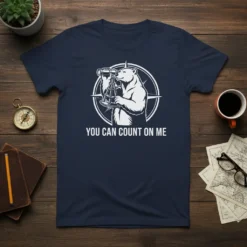 Bear explorer holding a telescope with 'You Can Count On Me' text below on a navy t-shirt