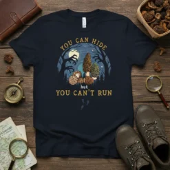 T-shirt with the text "YOU CAN HIDE but YOU CAN'T RUN" above a spooky forest scene with mushrooms and clawed