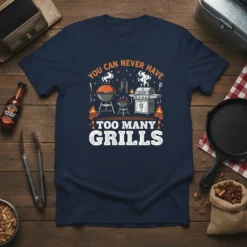 Navy t-shirt with "You Can Never Have Too Many Grills" text and illustrations of various grills, flames, and steaks.| ||MEDIA_CAPTION