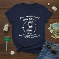 Navy blue t-shirt with white text: "You can take the girl out of NEW JERSEY but you can't take the