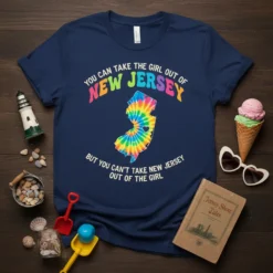 Navy blue t-shirt with "YOU CAN TAKE THE GIRL OUT OF NEW JERSEY BUT YOU CAN'T TAKE NEW JERSEY OUT