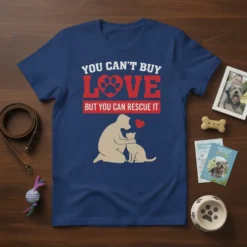 T-shirt with the quote "YOU CAN'T BUY LOVE BUT YOU CAN RESCUE IT" featuring a silhouette of a person hugging