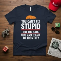 Navy blue t-shirt with white text "YOU CAN'T FIX STUPID BUT THE HATS SURE MAKE IT EASY TO IDENTIFY" and