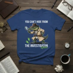 You Can't Hide From The Investigator Gator t-shirt design featuring a cartoon alligator detective with a magnifying glass