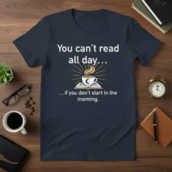 T-shirt with "You can't read all day... ...if you don't start in the morning" text and a coffee cup on