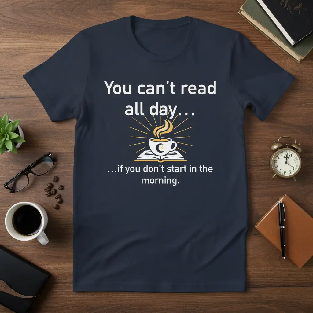 You can't read all day quote t-shirt with coffee cup on open book graphic
