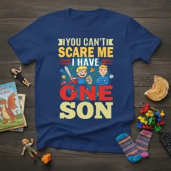 You Can't Scare Me I Have One Son graphic tee with cartoon boys and text. Features a brave knight son