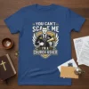 Church usher t-shirt design with text "You Can't Scare Me I'm A Church Usher" and a graphic of a man