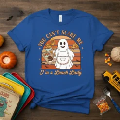 You Can't Scare Me I'm A Lunch Lady Halloween ghost t-shirt with lunch tray and pizza graphic