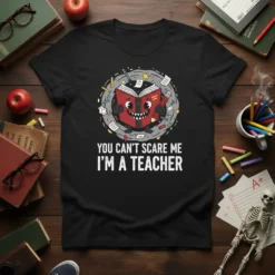 Teacher t-shirt with "You Can't Scare Me I'm A Teacher" text and a cartoon book graphic