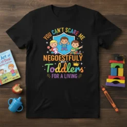 T-shirt design with text "You Can't Scare Me Negoestfully With Toddlers For A Living" and cartoon toddlers