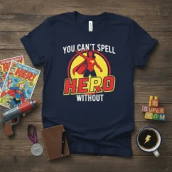 You Can't Spell Hero Without Mom text with a female superhero graphic on a navy blue t-shirt