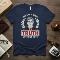 T-shirt design featuring Ruth Bader Ginsburg illustration with text "You Can't Spell Truth Without Ruth"