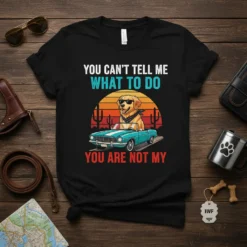 T-shirt with "YOU CAN'T TELL ME WHAT TO DO YOU ARE NOT MY" text and a golden retriever in a