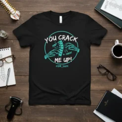 T-shirt design with text "YOU CRACK ME UP! POP! CRACK! #DR_SAM" and graphics of skeleton hands adjusting a spine